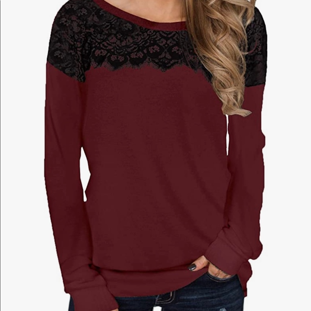 Long Sleeve Maroon Top Black Lace Detail